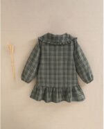 Vestido de niña verde oliva con cuadros azul marino y cuello Peter Pan - Imagen 5
