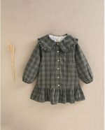 Vestido de niña verde oliva con cuadros azul marino y cuello Peter Pan - Imagen 2