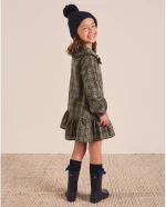 Vestido de niña verde oliva con cuadros azul marino y cuello Peter Pan - Imagen 4