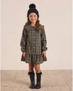 Vestido de niña verde oliva con cuadros azul marino y cuello Peter Pan