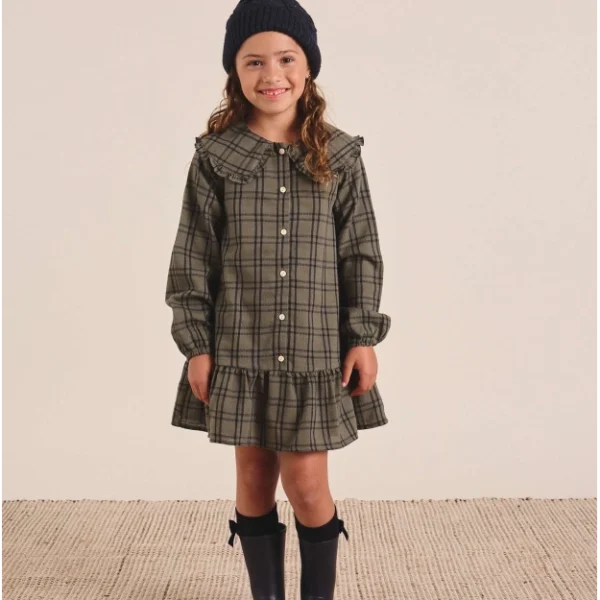 Vestido de niña verde oliva con cuadros azul marino y cuello Peter Pan