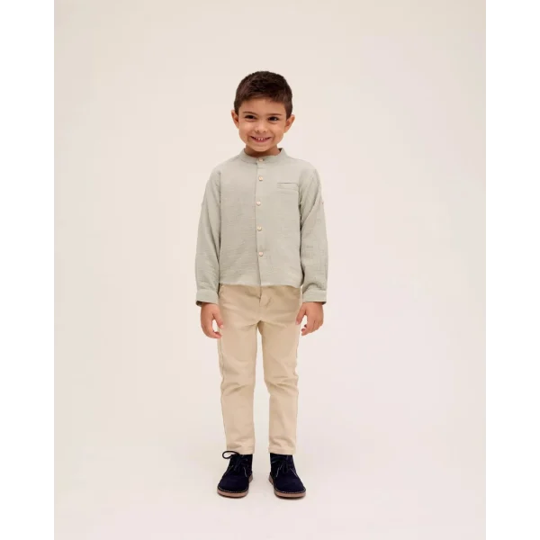 CAMISA DE NIÑO MUSELINA VERDE CUELLO MAO