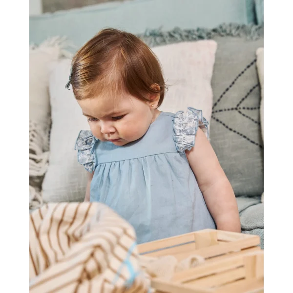 VESTIDO DE BEBE NIÑA AZUL CON VOLANTES Y BRAGUITA A JUEGO