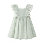 VESTIDO NIÑA TEJIDO PLUMETI ESTAMPADO, CON VOLANTE ACABADO EN U EN ESPALDA Y LAZADA EN BLANCO