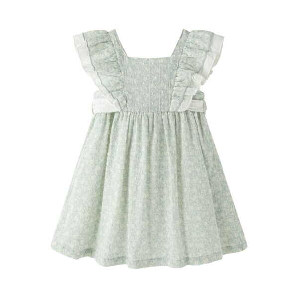 VESTIDO NIÑA TEJIDO PLUMETI ESTAMPADO, CON VOLANTE ACABADO EN U EN ESPALDA Y LAZADA EN BLANCO