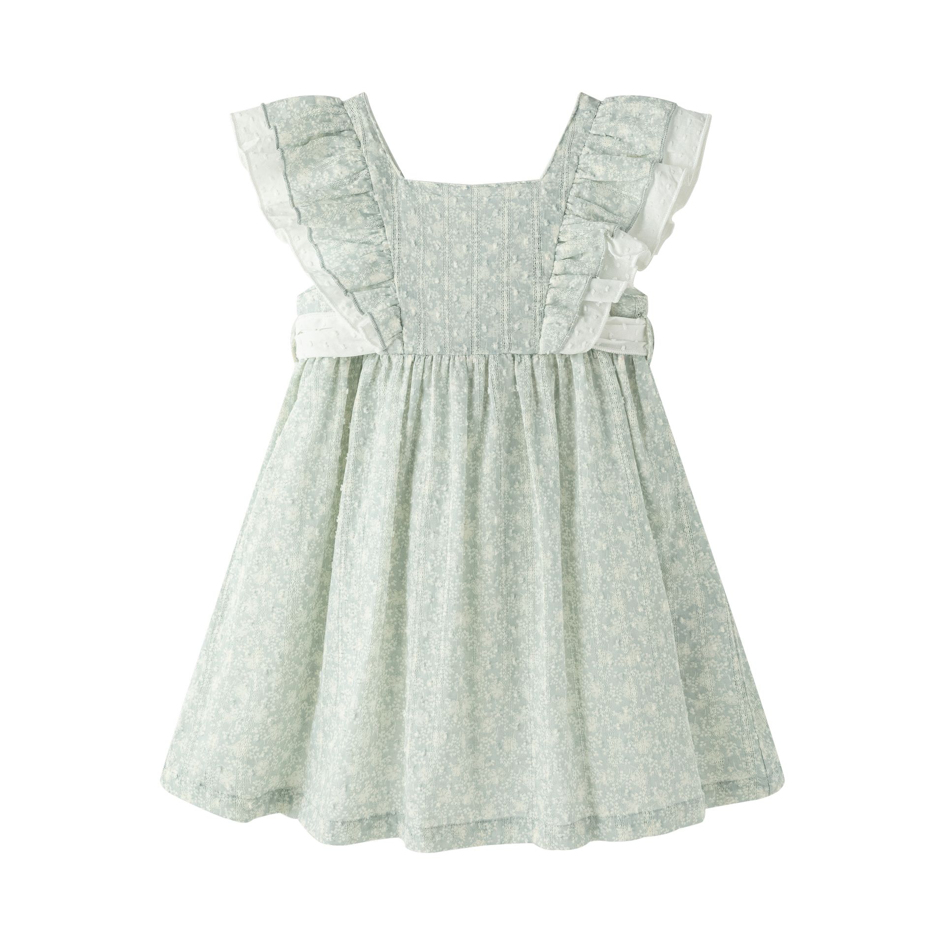 1 VESTIDO NIÑA TEJIDO PLUMETI ESTAMPADO, CON VOLANTE ACABADO EN U EN ESPALDA Y LAZADA EN BLANCO - Imagen 1