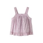 CONJUNTO DE BLUSA DE TIRANTES EN ESTAMPADO MALVA, CRUZADA CON CIERRE EN ESPALDA, VOLANTE FINAL Y PANTALÓN CINTURA ELÁSTICA Y VOLANTES INFERIORES