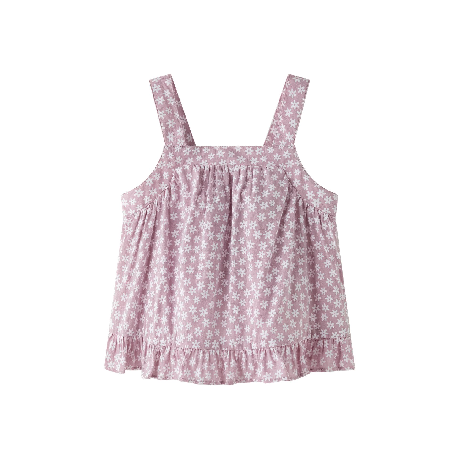 10 CONJUNTO DE BLUSA DE TIRANTES EN ESTAMPADO MALVA, CRUZADA CON CIERRE EN ESPALDA, VOLANTE FINAL Y PANTALÓN CINTURA ELÁSTICA Y VOLANTES INFERIORES - Imagen 1