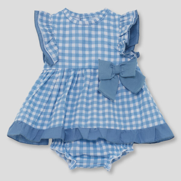 Vestido en estampado vichy azul medio y braguita a juego en el mismo estampado vichy