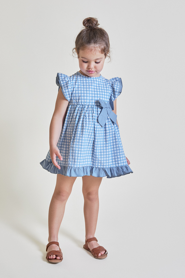 32 Vestido estampado vichy azul medio con mangas de volante y detalle de lazo decorativo en el lateral de la cintura - Imagen 1