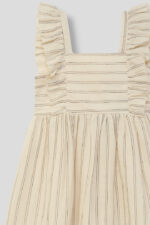 Vestido en tono crudo con finas rayas verticales y volantes en los tirantes, tejido ligero y natural - Imagen 3