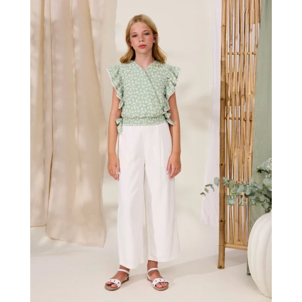 BLUSA VERDE ESTAMPADO HOJAS Y VOLANTES LATERALES