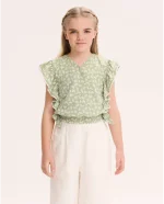 BLUSA VERDE ESTAMPADO HOJAS Y VOLANTES LATERALES - Imagen 3