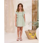 VESTIDO VERDE ESTAMPADO HOJAS MANGA CON VOLANTE