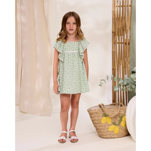 VESTIDO VERDE ESTAMPADO HOJAS MANGA CON VOLANTE