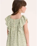 VESTIDO VERDE ESTAMPADO HOJAS MANGA CON VOLANTE - Imagen 4