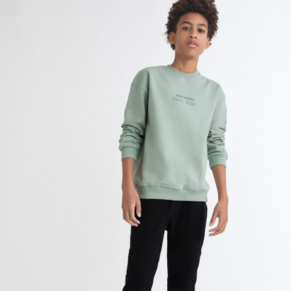 Sudadera de estilo básico con texto frontal “Street Monkey Game Club”. Pantalón tipo jogger con cintura elástica y puños ajustados.