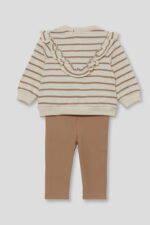 Sudadera de rayas con volante decorativo en el delantero y puños elásticos. Leggings lisos en color camel con cintura elástica para mayor comodidad. - Imagen 3
