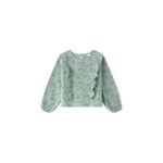 Blusa tejido estampado de flores, manga larga con goma elástica en el interior de los puños, volantes verticales en el delantero. Abertura en espalda con botón.