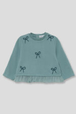 Sudadera azul verdoso con apliques de lazos bordados en el frontal y volante de tul en el bajo. - Imagen 2