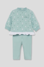 Sudadera verde con estampado de conejitos, volantes blancos en el bajo y lazo decorativo en el pecho. Leggings lisos a juego. - Imagen 2
