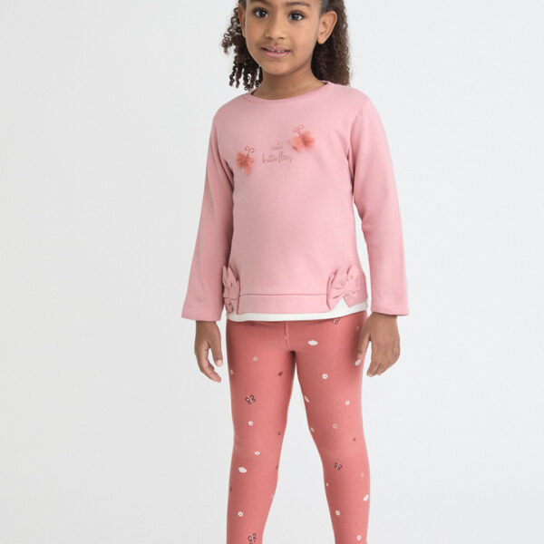 Sudadera suave con bordado de mariposas y lazo decorativo en el bajo. Leggings estampados a juego.