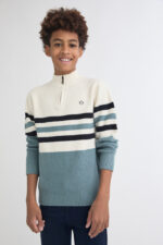Jersey infantil de punto grueso con rayas en tonos crudo, azul y marino. - Imagen 2