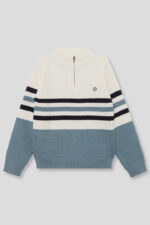Jersey infantil de punto grueso con rayas en tonos crudo, azul y marino. - Imagen 3