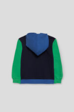 Sudadera azul marino con detalles en azul intenso y verde. Bolsillo canguro y estampado frontal. - Imagen 3